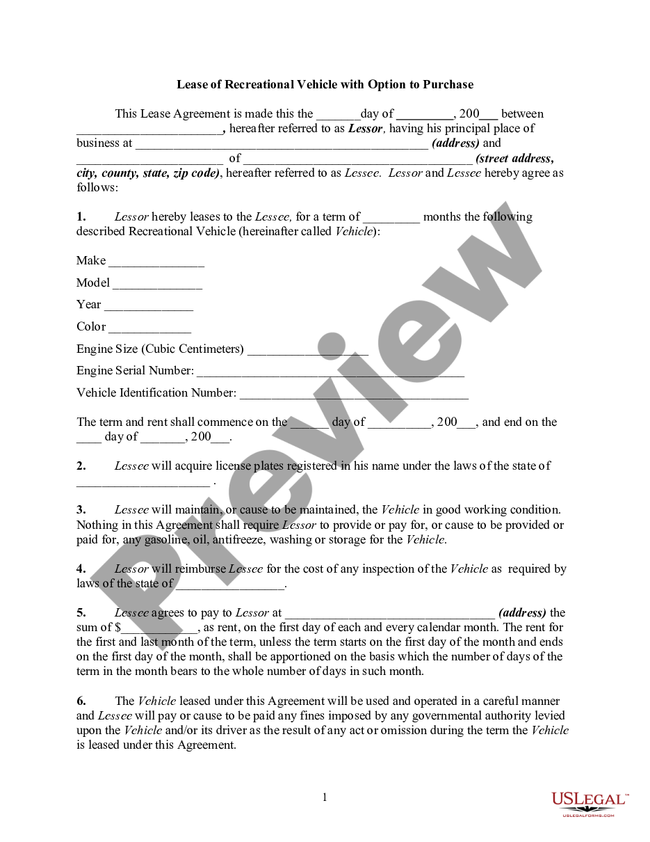 page 0 Lease or Rental Agreement of Recreational Vehicle with Option to Purchase and Own - Lease or Rent to Own preview