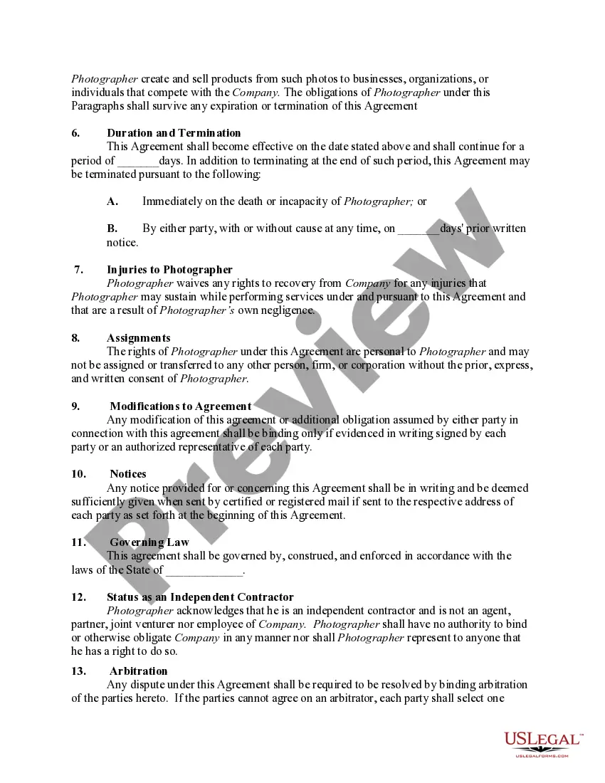Get Agreement between Photographer and Purchaser of Photographs Preview Agreement between Photographer and Purchaser of Photographs