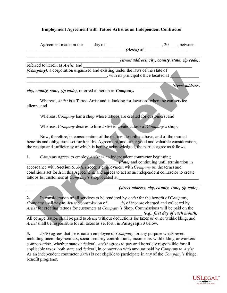 Employment Agreement with Tattoo Artist as a Self Tattoo Contract