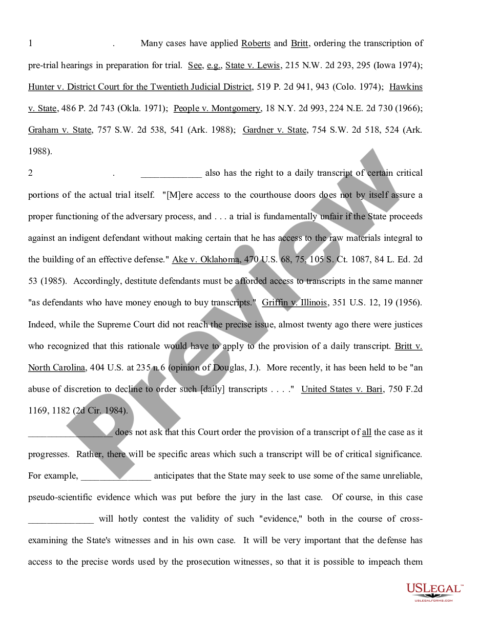 page 4 Motion for Complete Recordation for a Transcript of All Pretrial Proceedings and For A Daily Transcript of Specified Portions of the Evidence preview