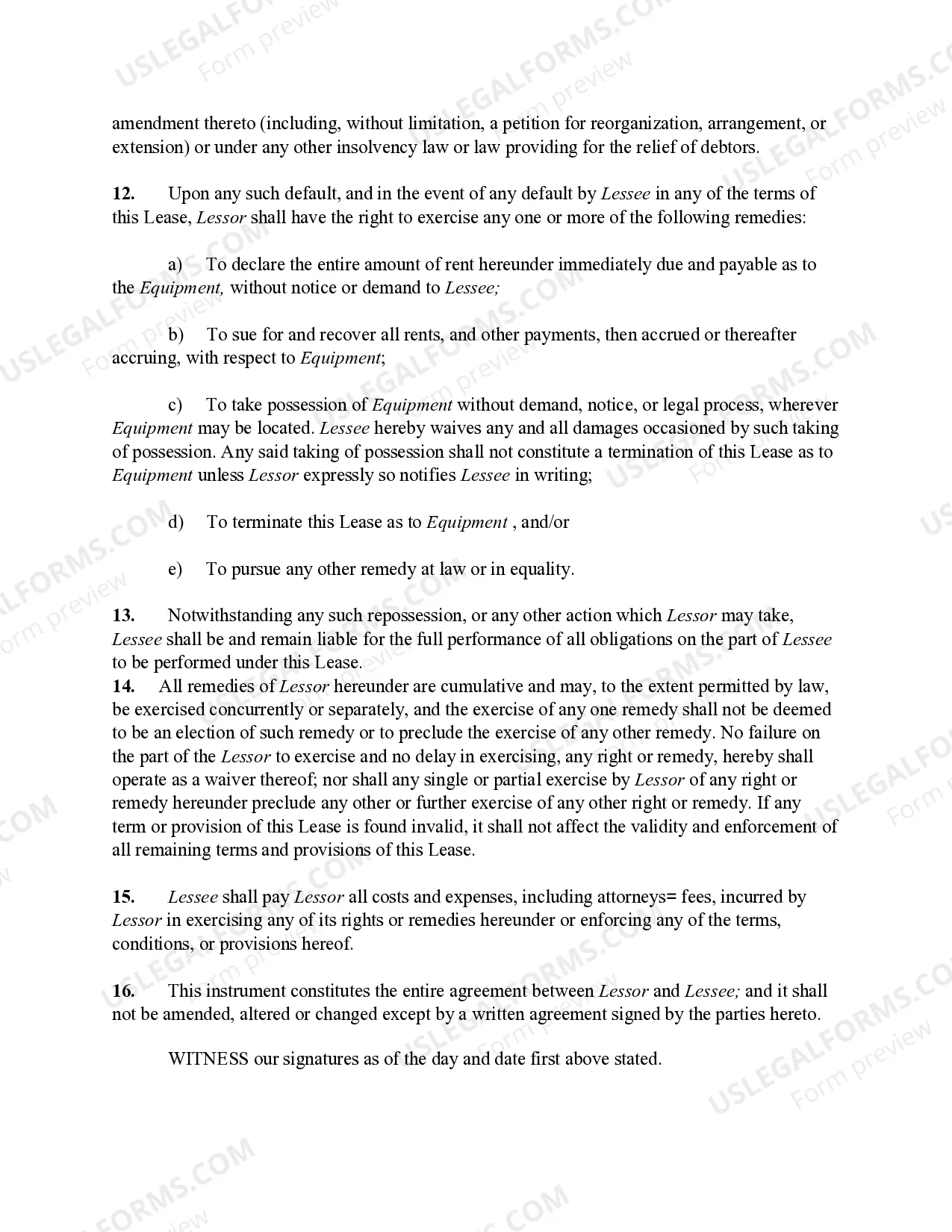 Preview Lease of Fitness Equipment Agreement