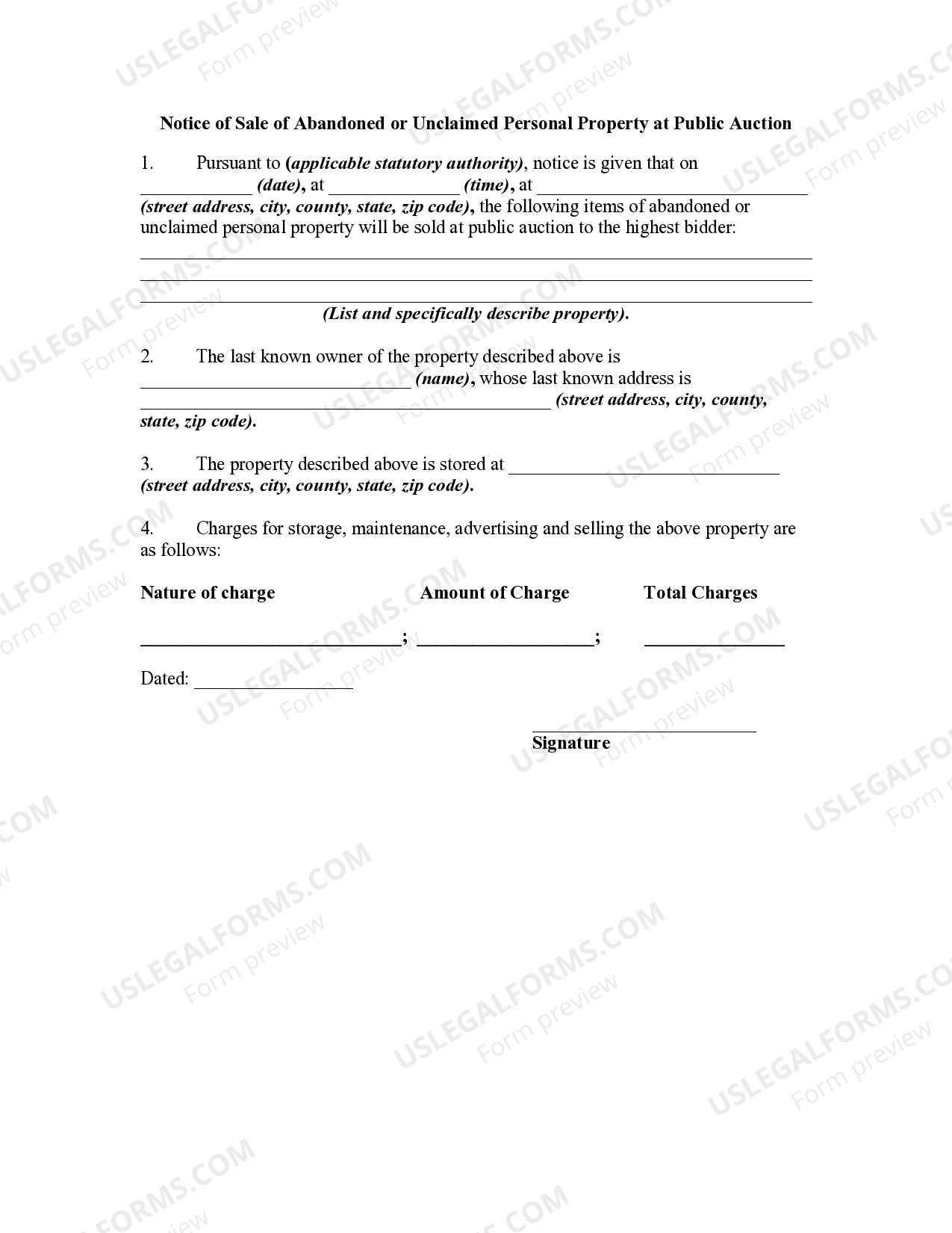 Notice of Sale of Abandoned or Unclaimed Personal Property at Public