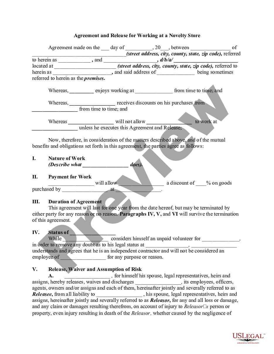 page 0 Agreement and Release for Working at a Novelty Store - Self-Employed  preview