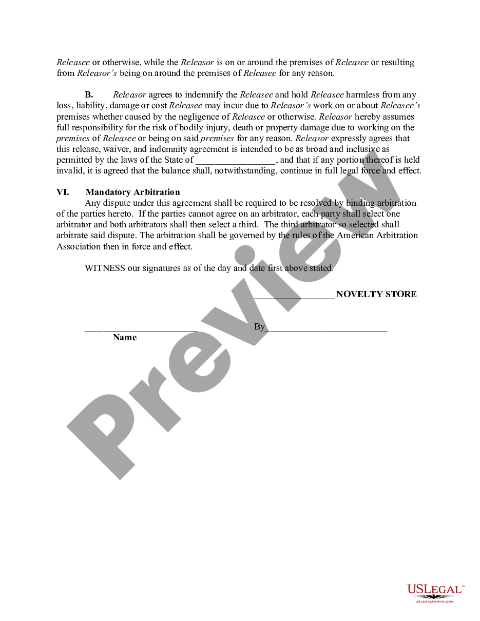 page 1 Agreement and Release for Working at a Novelty Store - Self-Employed  preview