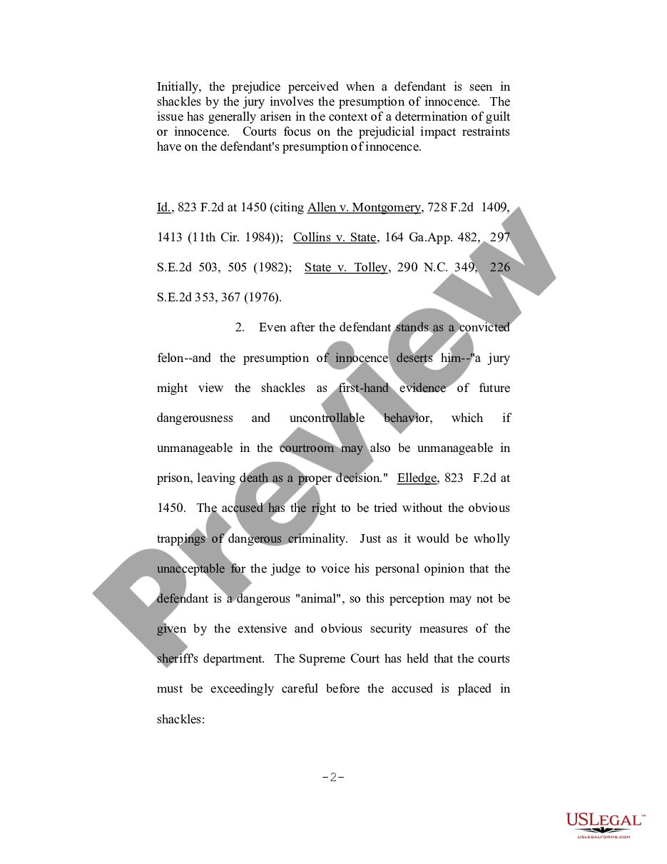 page 1 Motion to Preclude the Sheriff's Department from Bringing Defendant Into Court in Shackles, and to Limit Number of Uniformed Officers in Courtroom preview