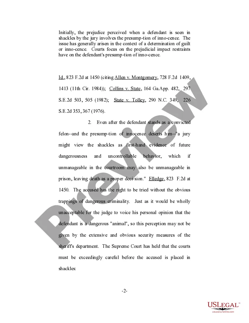 Get Motion to Preclude the Sheriff's Department from Bringing Defendant Into Court in Shackles, and to Limit Number of Uniformed Officers in Courtroom Preview Motion to Preclude the Sheriff's Department from Bringing Defendant Into Court in Shackles, and to Limit Number of Uniformed Officers in Courtroom