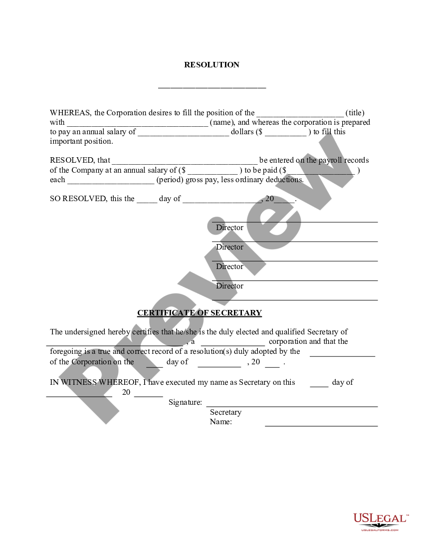 Officers Salary - Resolution Form - Corporate Resolutions | US Legal Forms