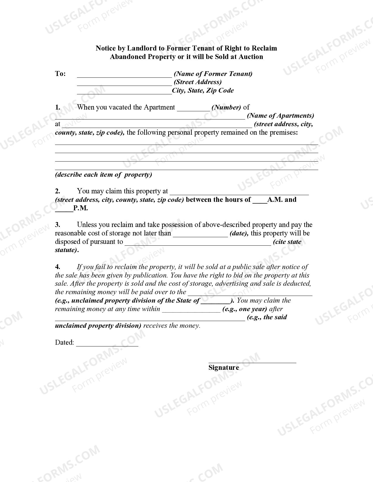 Pennsylvania Notice by Landlord to Former Tenant of Right to Reclaim