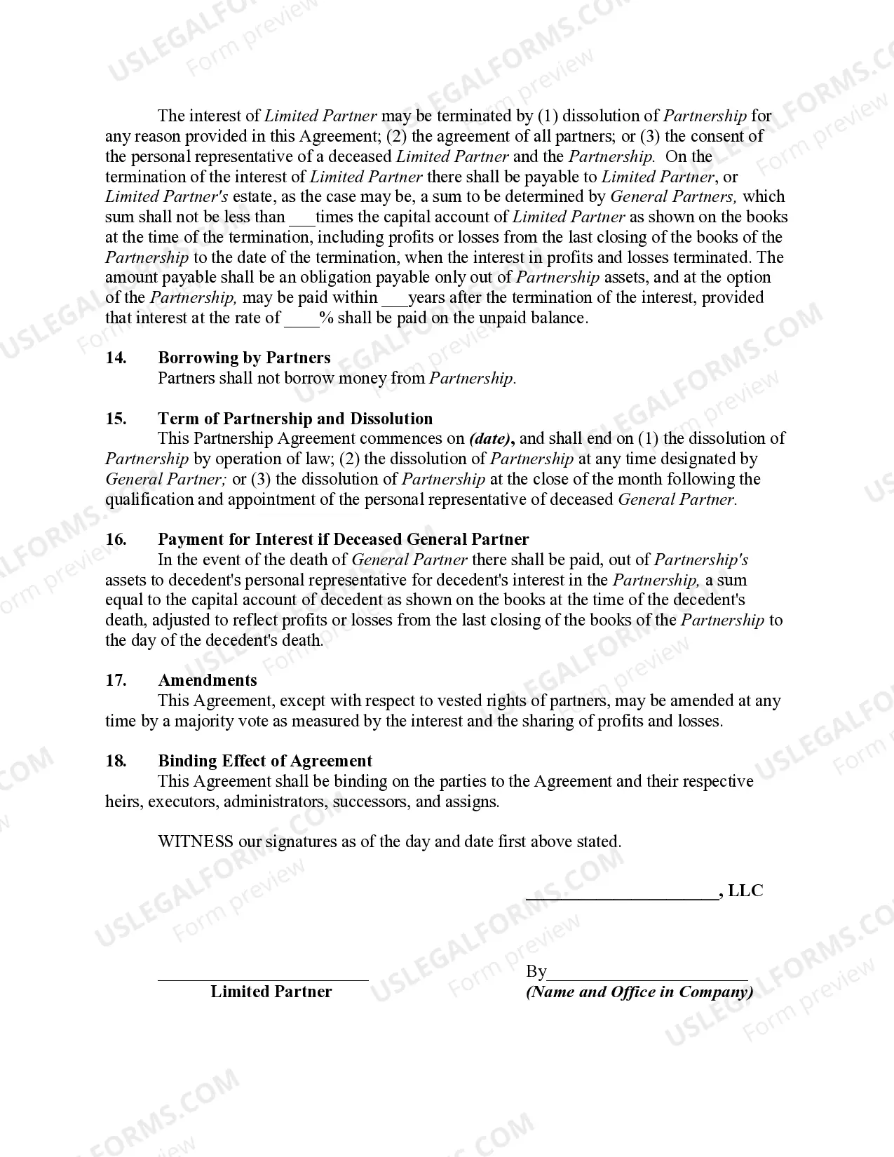 Preview Limited Partnership Agreement Between Limited Liability Company and Limited Partner