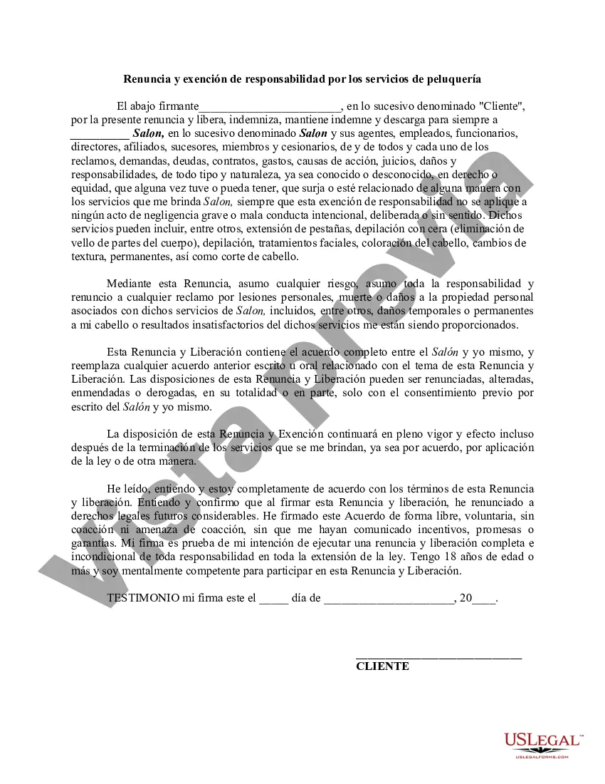 Preview Renuncia y exención de responsabilidad por los servicios de peluquería