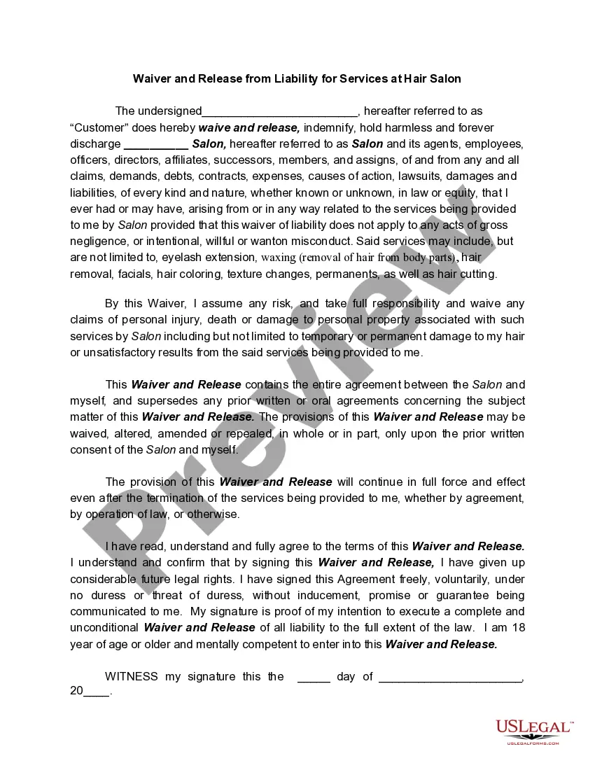 Preview Waiver and Release from Liability for Services at Hair Salon