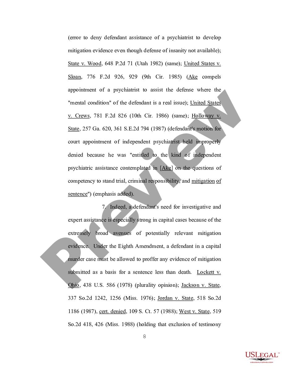 page 7 Ex Parte Motion for Funds for Expert Assistance in the Fields of Psychiatry - Psychology and Mitigation Investigation preview