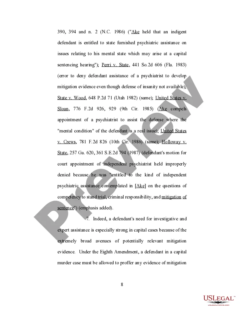 Get Ex Parte Motion for Funds for Expert Assistance in the Fields of Psychiatry - Psychology and Mitigation Investigation Preview Ex Parte Motion for Funds for Expert Assistance in the Fields of Psychiatry - Psychology and Mitigation Investigation
