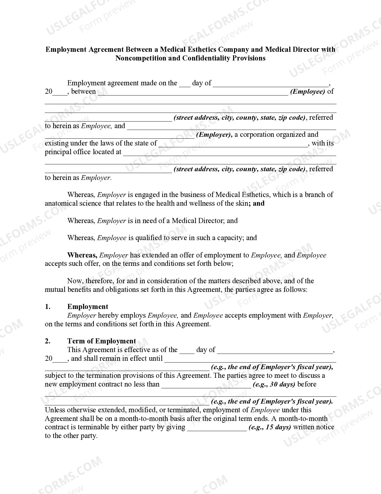 Employment Agreement Between a Medical Esthetics Company