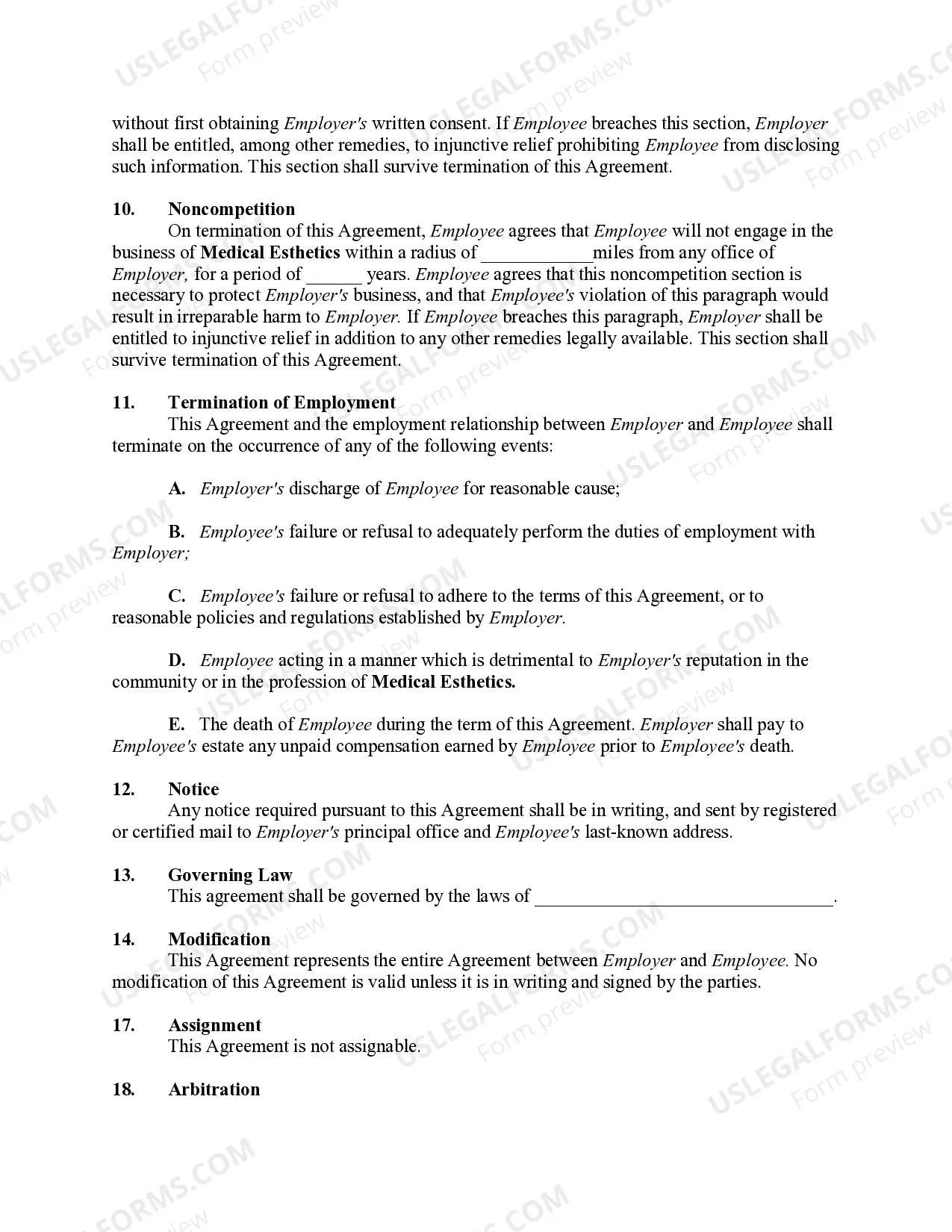 Preview Employment Agreement Between a Medical Esthetics Company and Medical Director with Noncompetition and Confidentiality Provisions