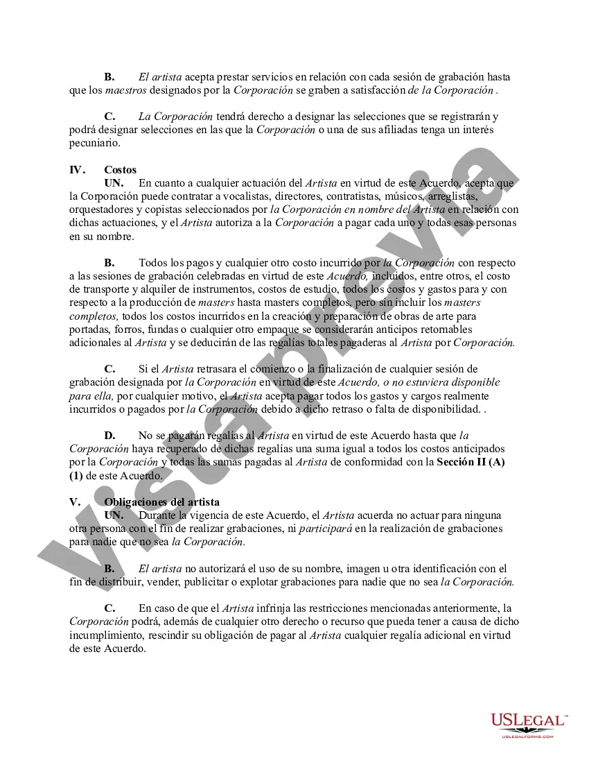 Preview Acuerdo de Grabación y Contrato con Editor para Explotación de Composiciones Musicales