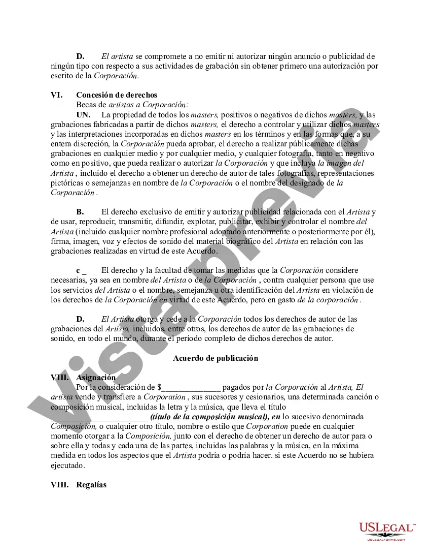 Preview Acuerdo de Grabación y Contrato con Editor para Explotación de Composiciones Musicales