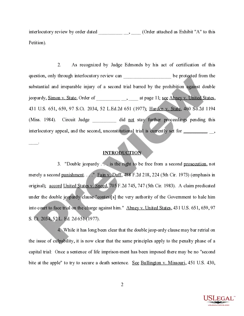 Get Rule 5a Petition for Permission to Appeal Order Denying Motion to Bar Reprosecution Under Double Jeopardy Clause Preview Rule 5a Petition for Permission to Appeal Order Denying Motion to Bar Reprosecution Under Double Jeopardy Clause