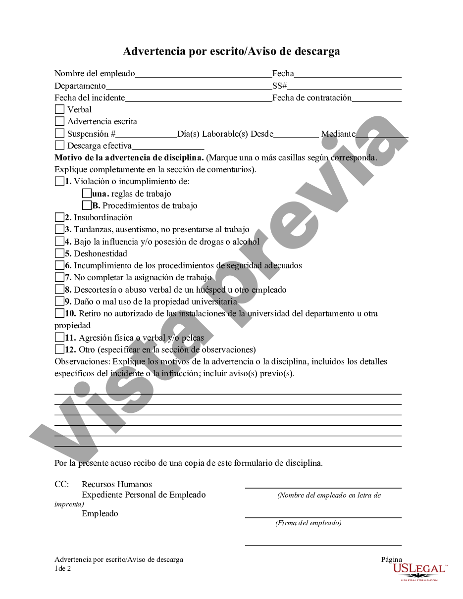 Delaware Advertencia Por Escritoaviso De Descarga Carta De Advertencia A Un Empleado Us 2359