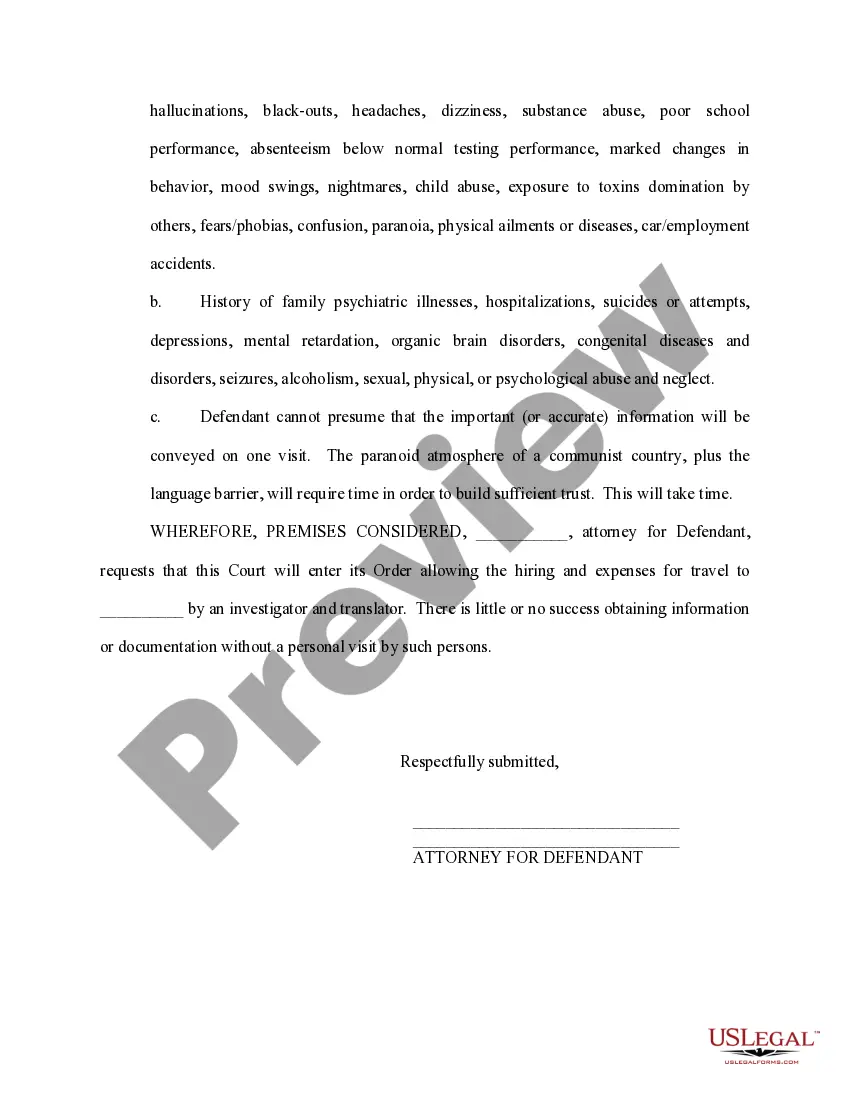 Get Motion for Allowance to Hire Investigator and Translator Preview Motion for Allowance to Hire Investigator and Translator