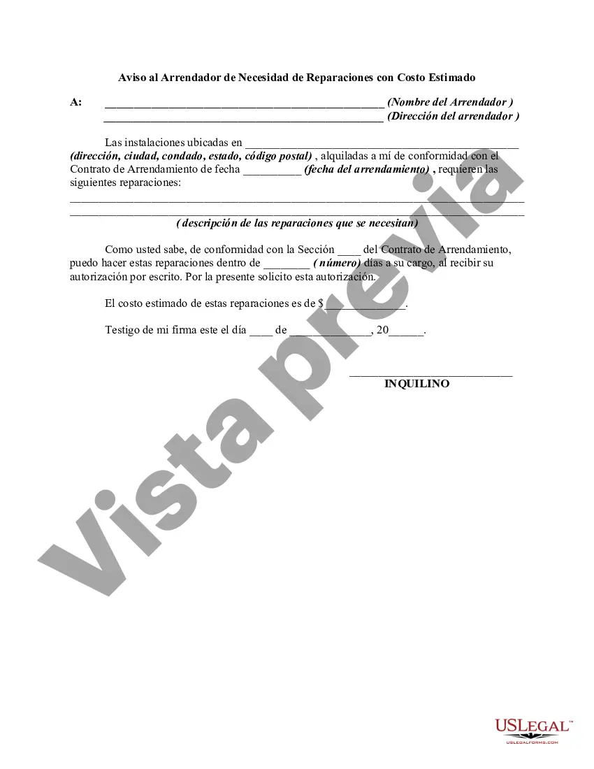 Preview Aviso al Arrendador de Necesidad de Reparaciones con Costo Estimado