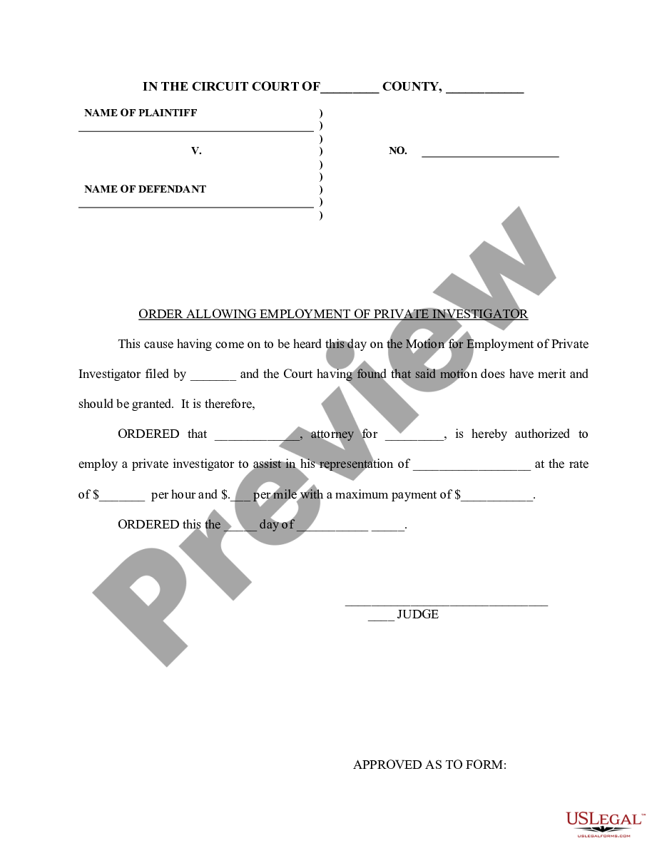form Order Allowing Employment of Private Investigator preview
