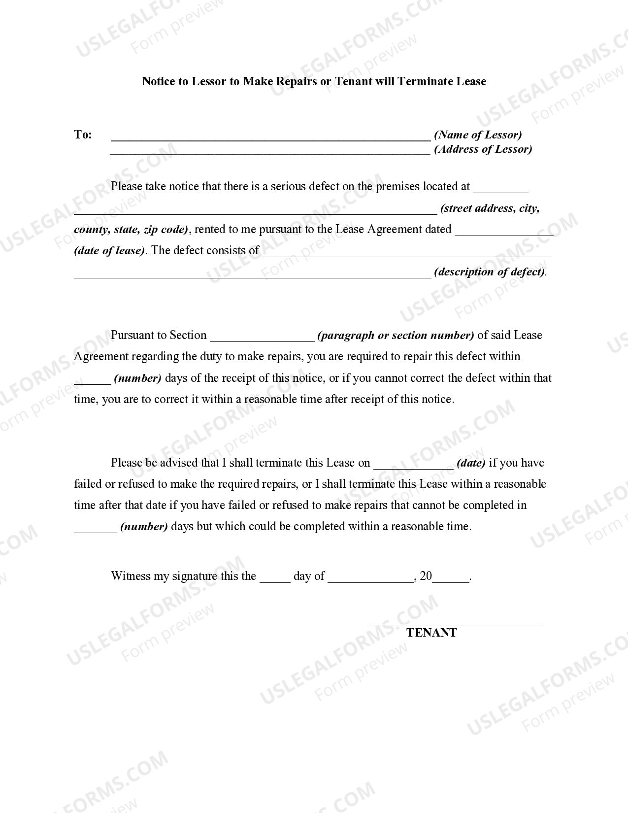 Indiana Notice to Lessor to Make Repairs or Tenant will Terminate Lease