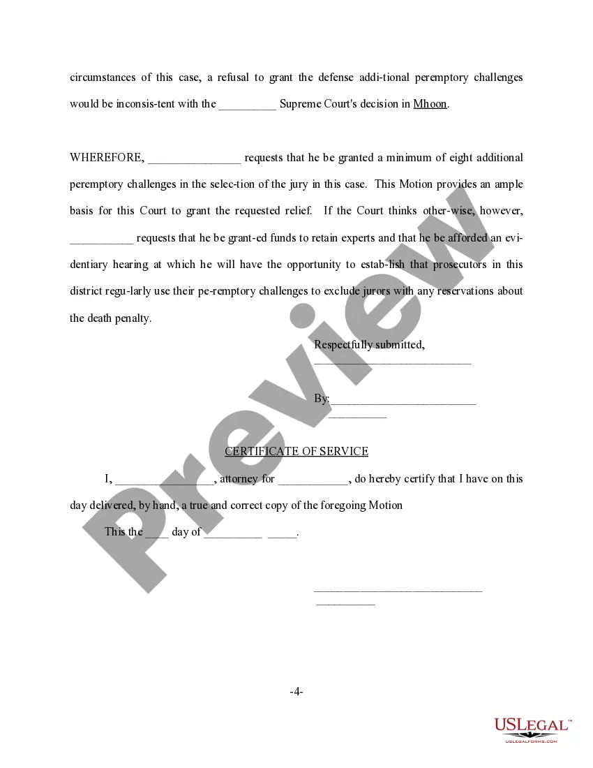 Get Motion for Additional Peremptory Challenges Preview Motion for Additional Peremptory Challenges