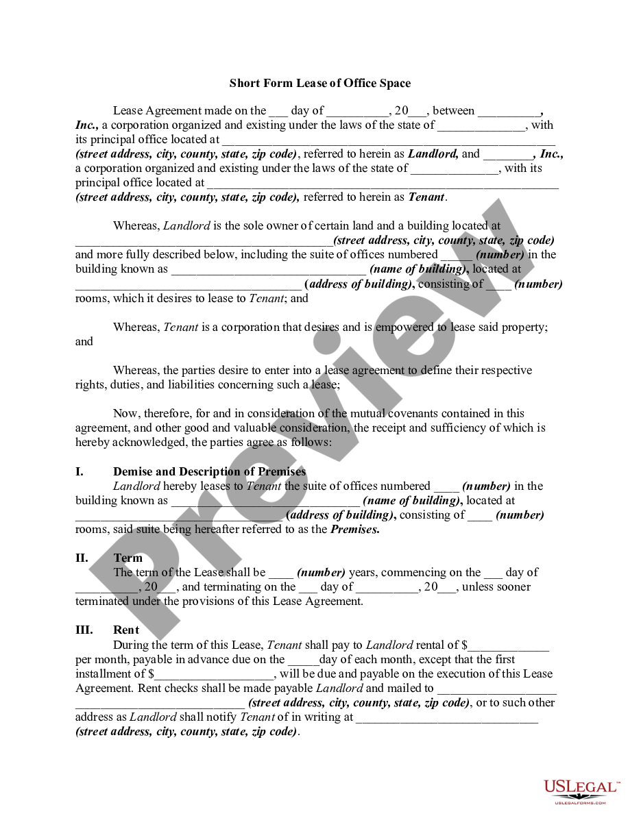 page 0 Short Form Lease of Office Space - Real Estate Rental preview