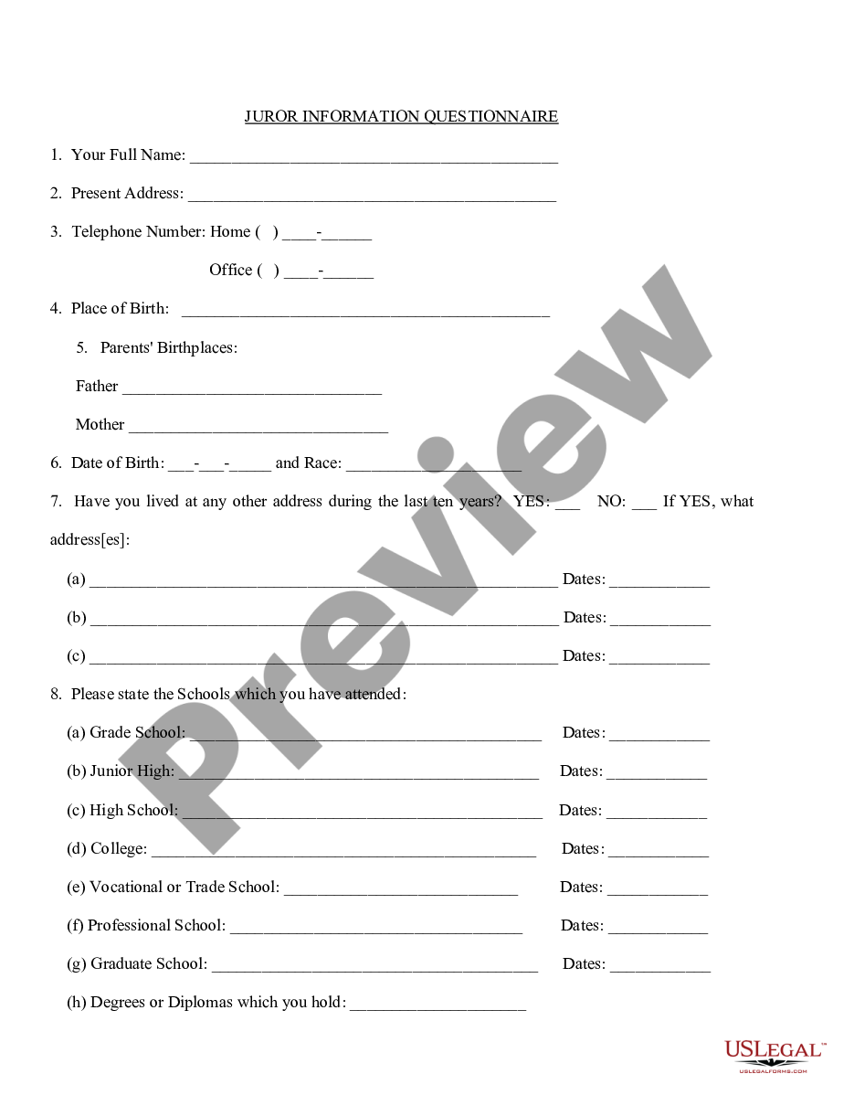 page 2 Important Juror Questionnaire preview