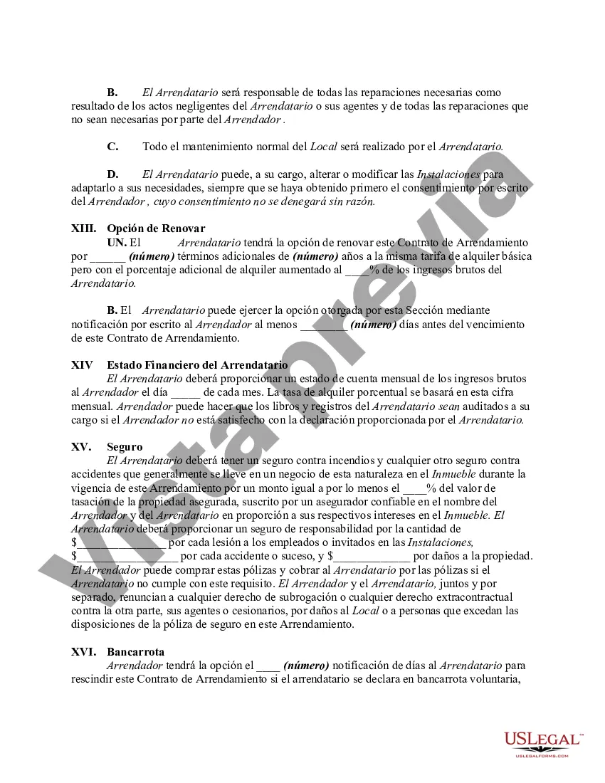 Preview Arrendamiento de tienda minorista con alquiler adicional basado en el porcentaje de ingresos brutos - Bienes raíces