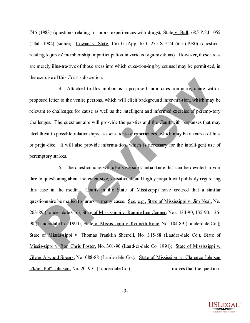 Get Motion for an Order Requiring that Juror Questionnaires be Sent With the Juror Summons to Each Prospective Juror Preview Motion for an Order Requiring that Juror Questionnaires be Sent With the Juror Summons to Each Prospective Juror