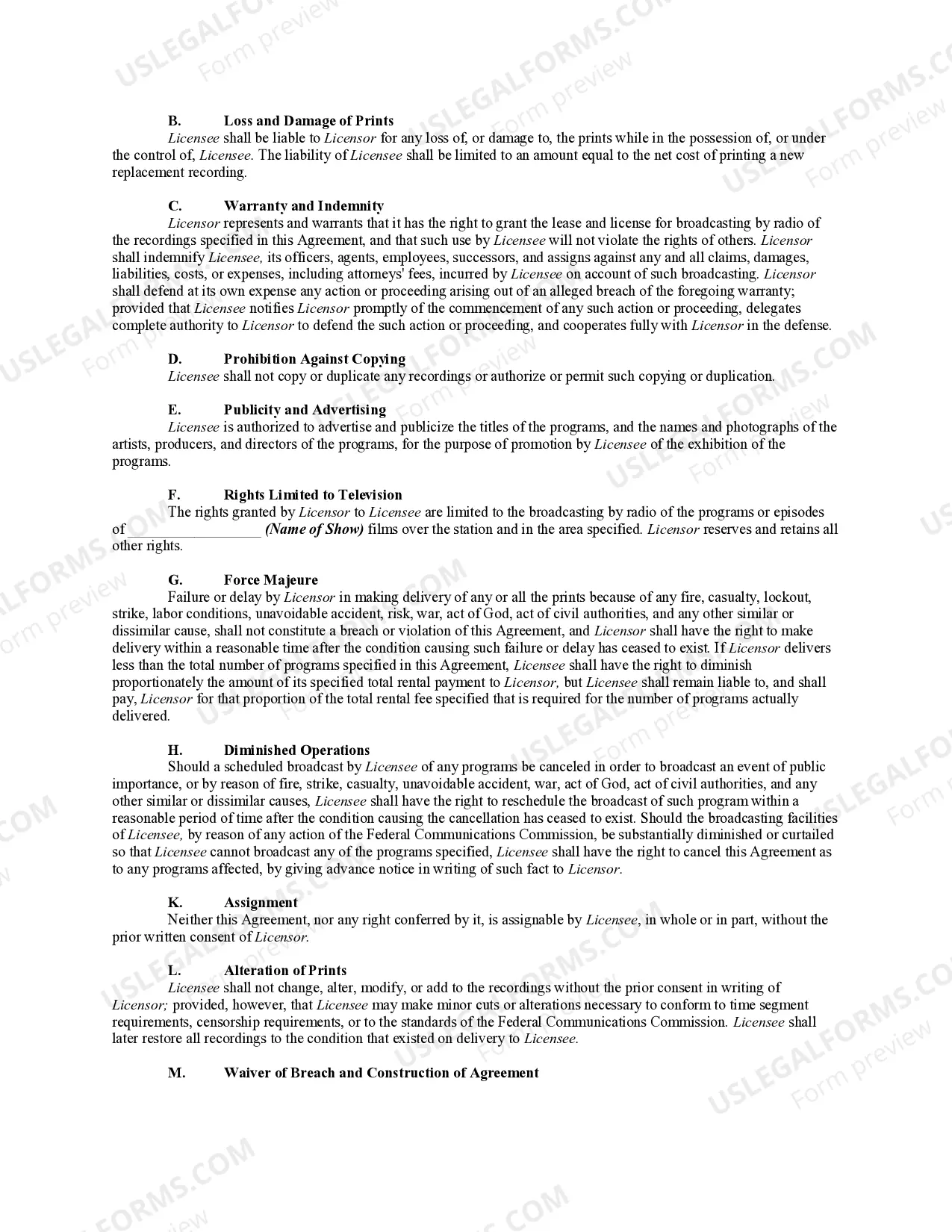 Preview License Agreement for Exhibition by Radio Station of Syndicated Radio Show