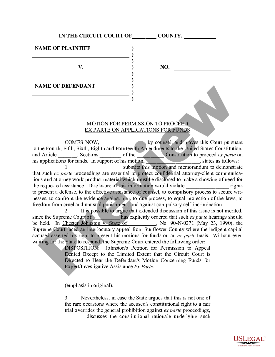 page 0 Motion for Permission to Proceed Ex Parte on Applications for Funds preview