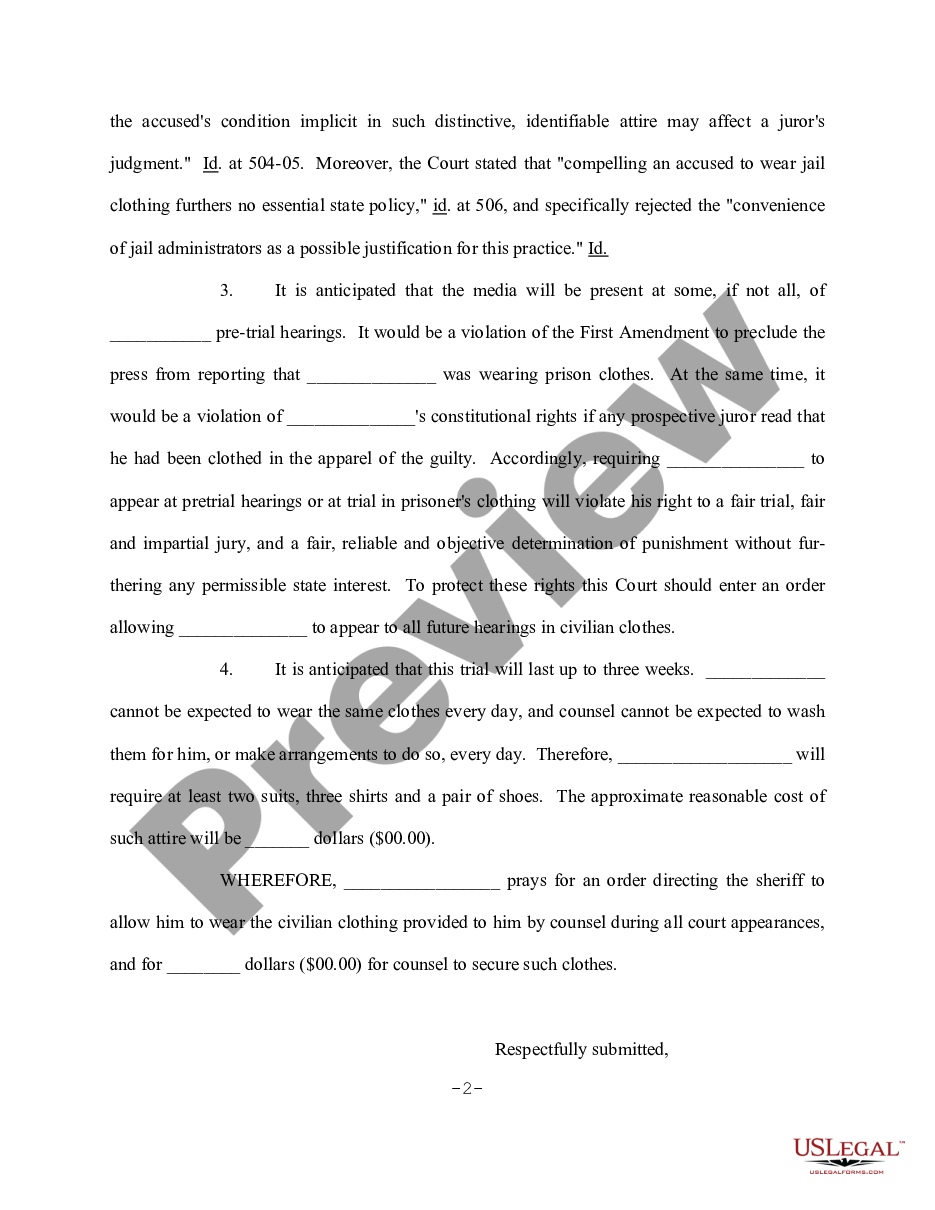 form Motion for Funds for the Accused to Secure Civilian Clothing and to Allow Defendant to Wear Civilian Clothes While the State Seeks His Execution preview