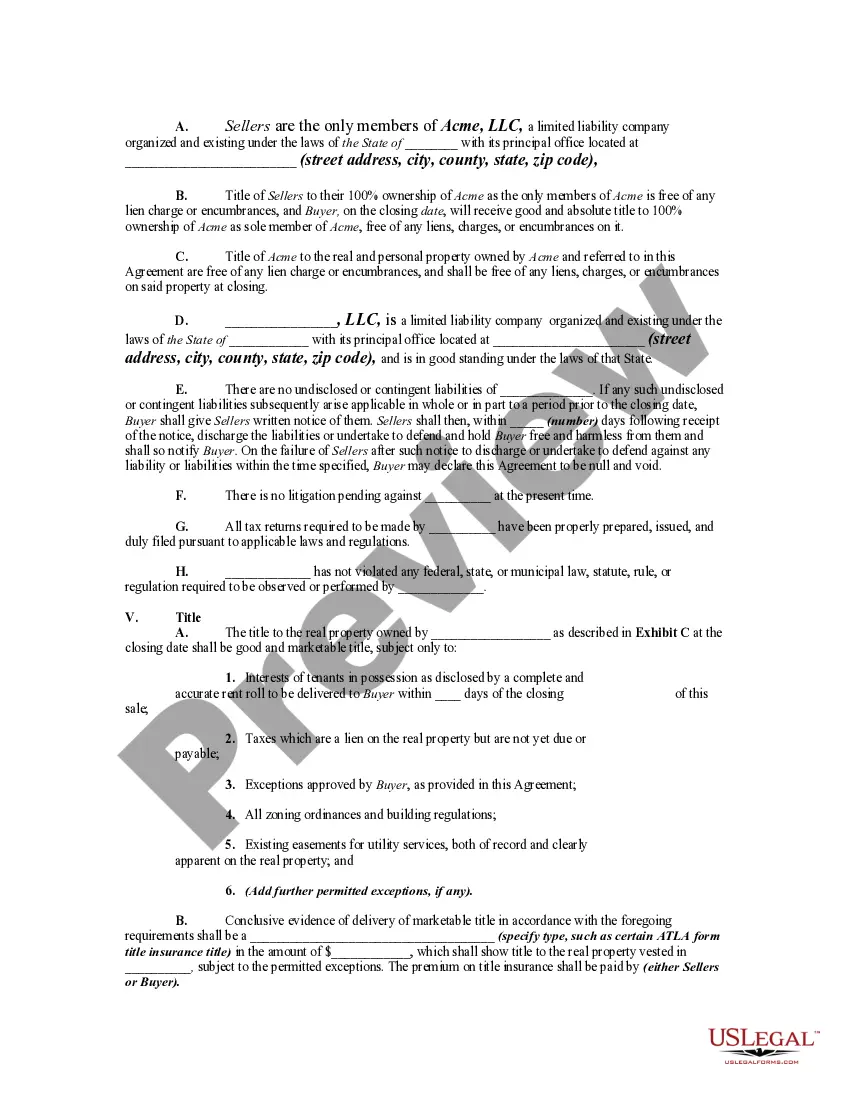 Preview Agreement for Sale of all Rights, Title and Interest in Limited Liability Company for Membership Units in another Limited Liability Company along with Assignment of Membership Units