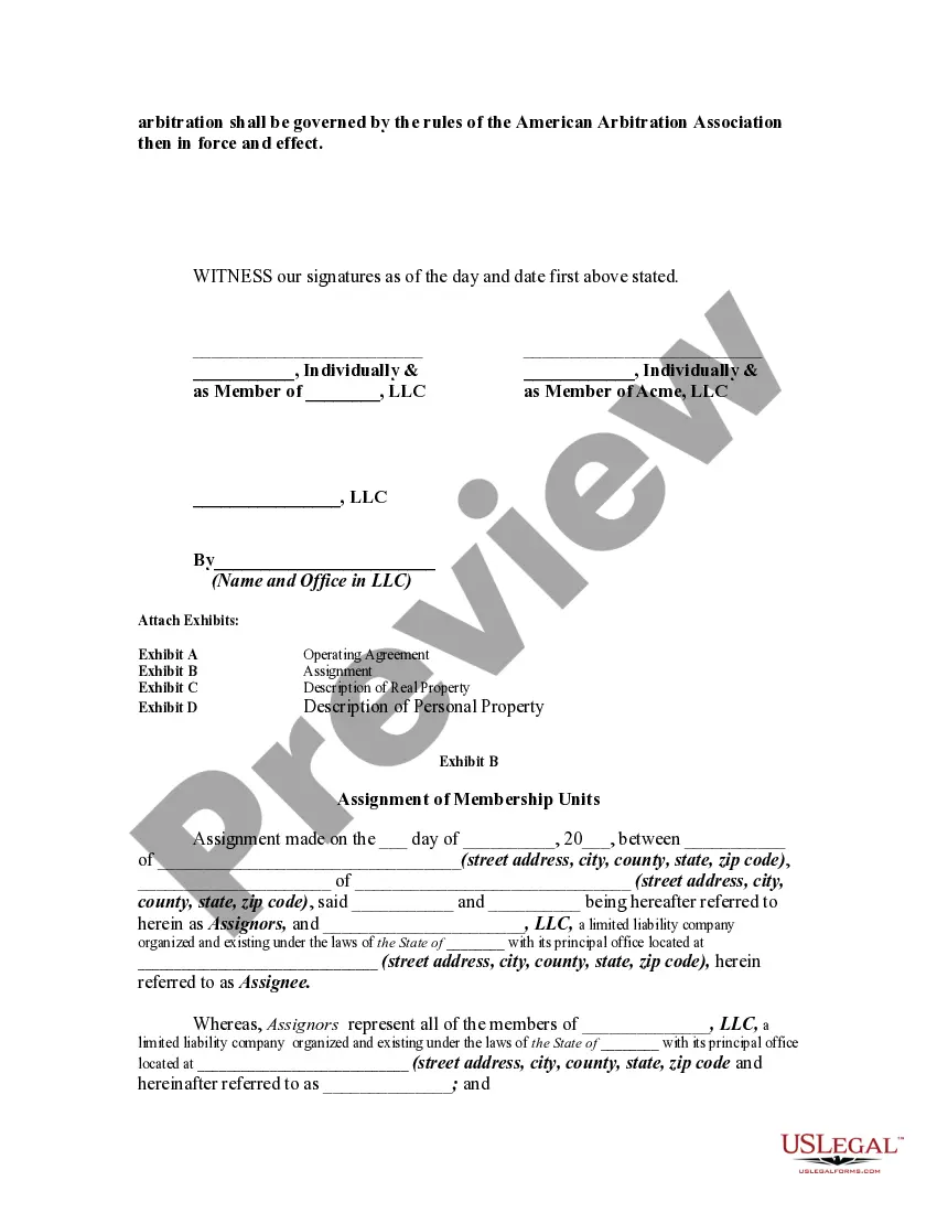 Preview Agreement for Sale of all Rights, Title and Interest in Limited Liability Company for Membership Units in another Limited Liability Company along with Assignment of Membership Units