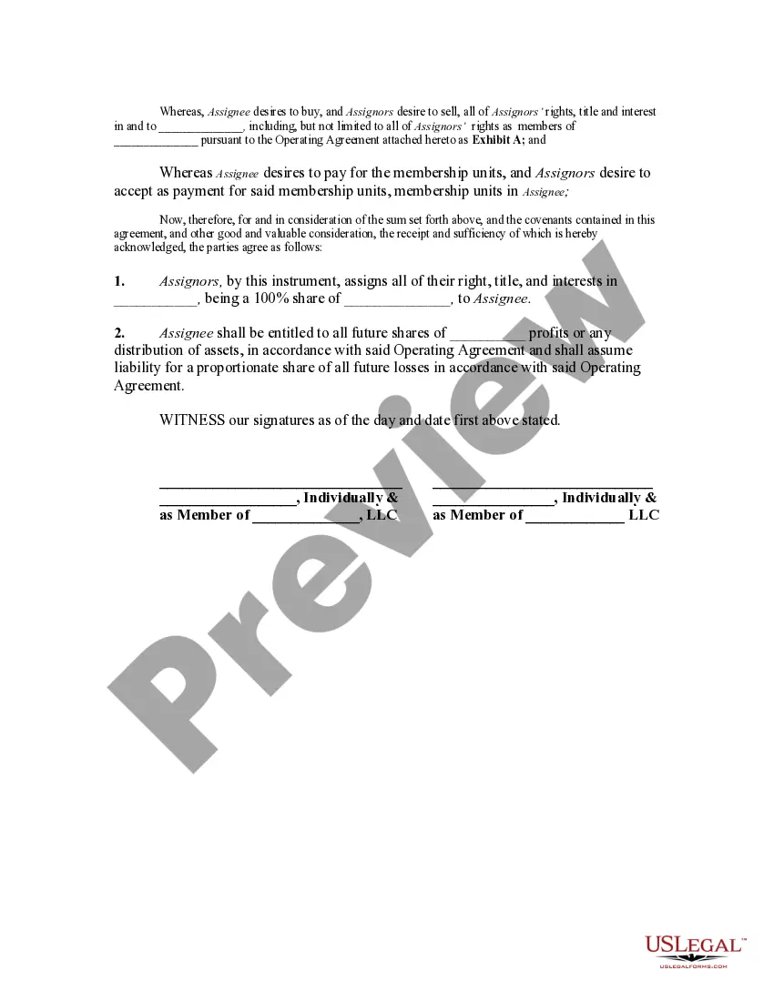 Preview Agreement for Sale of all Rights, Title and Interest in Limited Liability Company for Membership Units in another Limited Liability Company along with Assignment of Membership Units