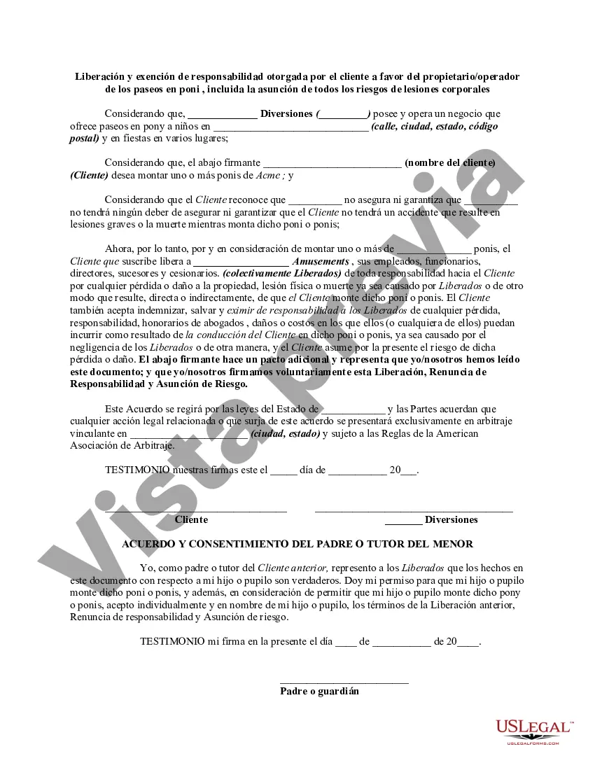 Preview Liberación y exención de responsabilidad otorgada por el cliente a favor del propietario/operador de paseos en poni, incluida la asunción de todos los riesgos de lesiones corporales personales