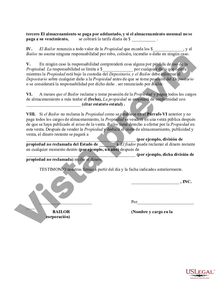 Preview Acuerdo de Almacenamiento para un Vehículo Recreativo, Vehículo Todo Terreno y/o Moto de Cross