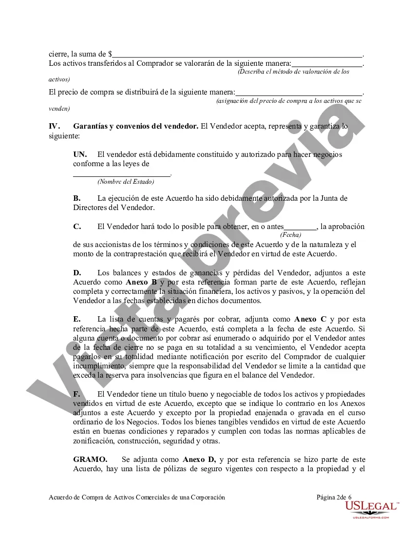 Preview Acuerdo para la compra de activos comerciales de una corporación