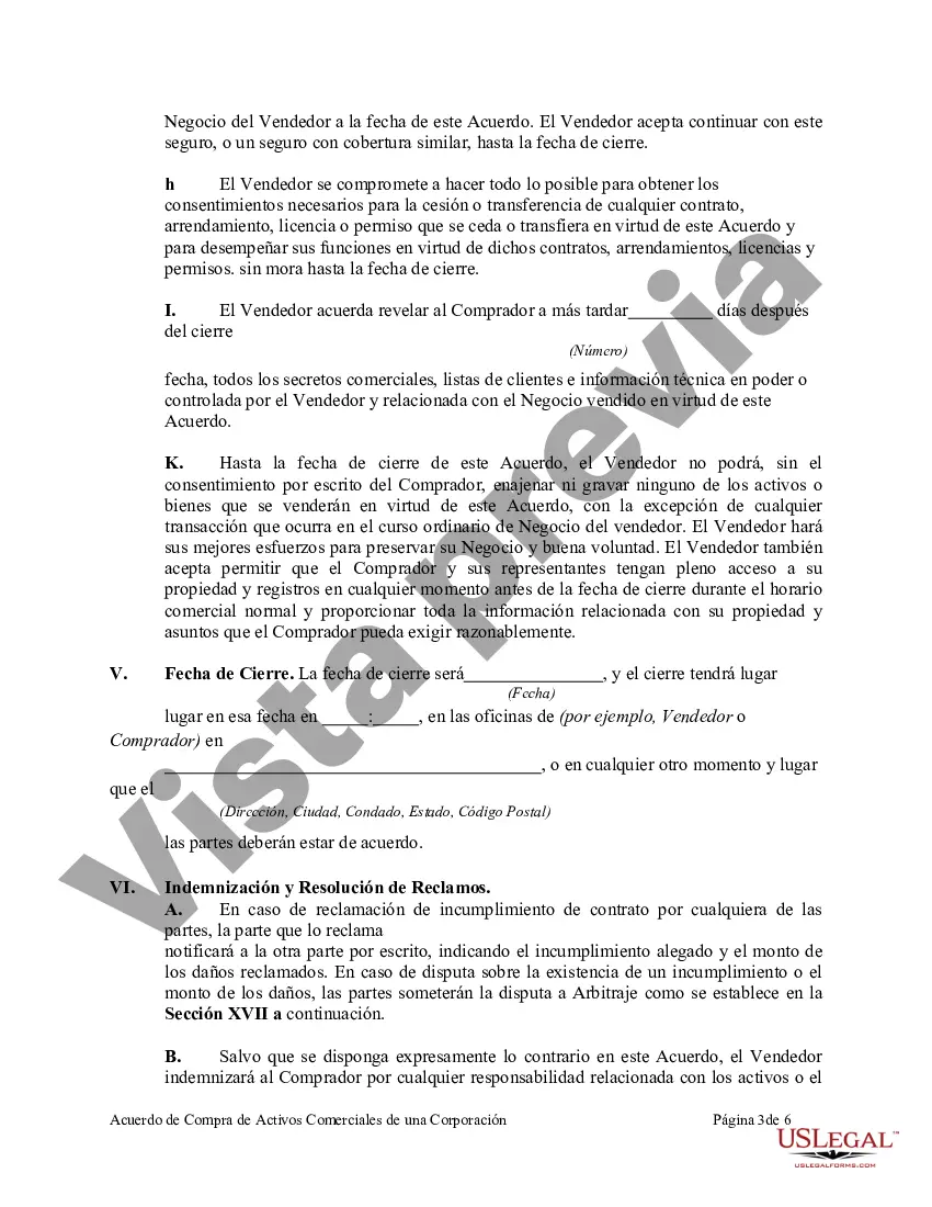 Preview Acuerdo para la compra de activos comerciales de una corporación