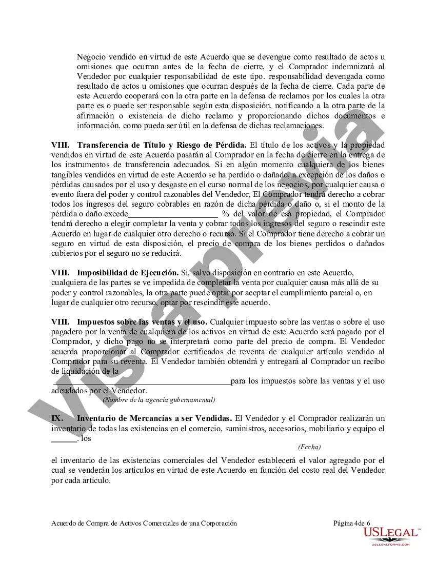 Preview Acuerdo para la compra de activos comerciales de una corporación