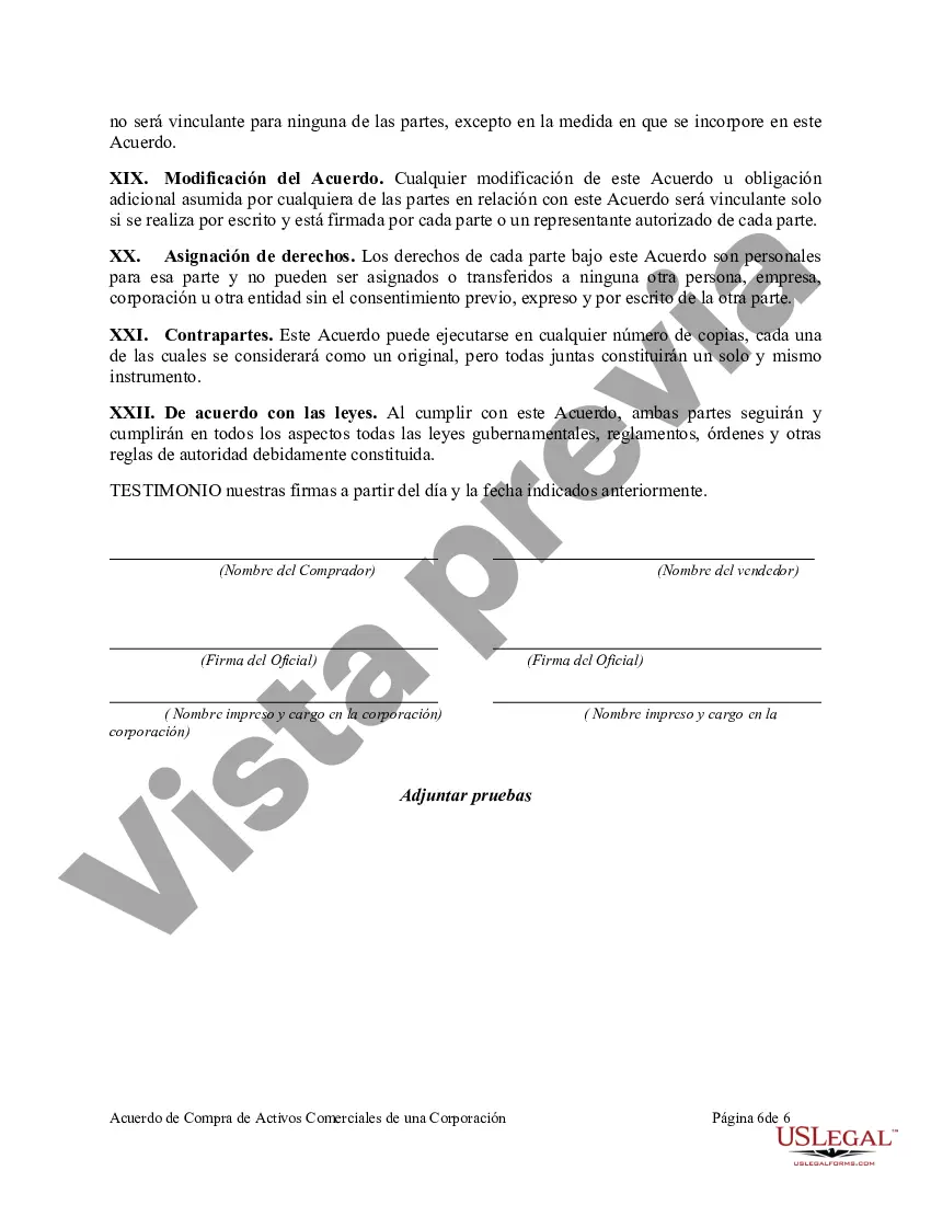 Preview Acuerdo para la compra de activos comerciales de una corporación