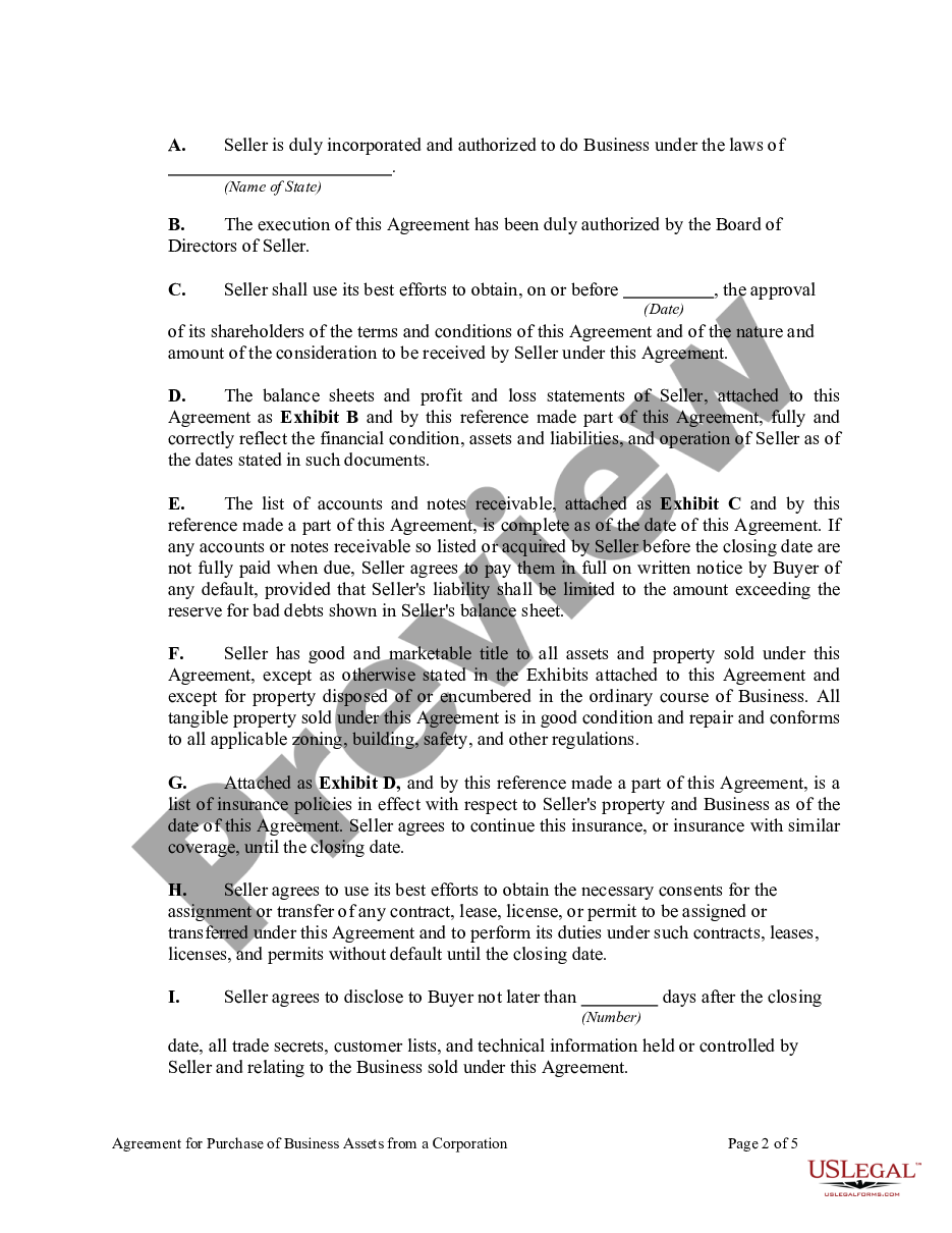 page 1 Agreement for Purchase of Business Assets from a Corporation preview