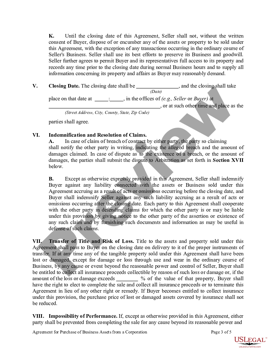 page 2 Agreement for Purchase of Business Assets from a Corporation preview