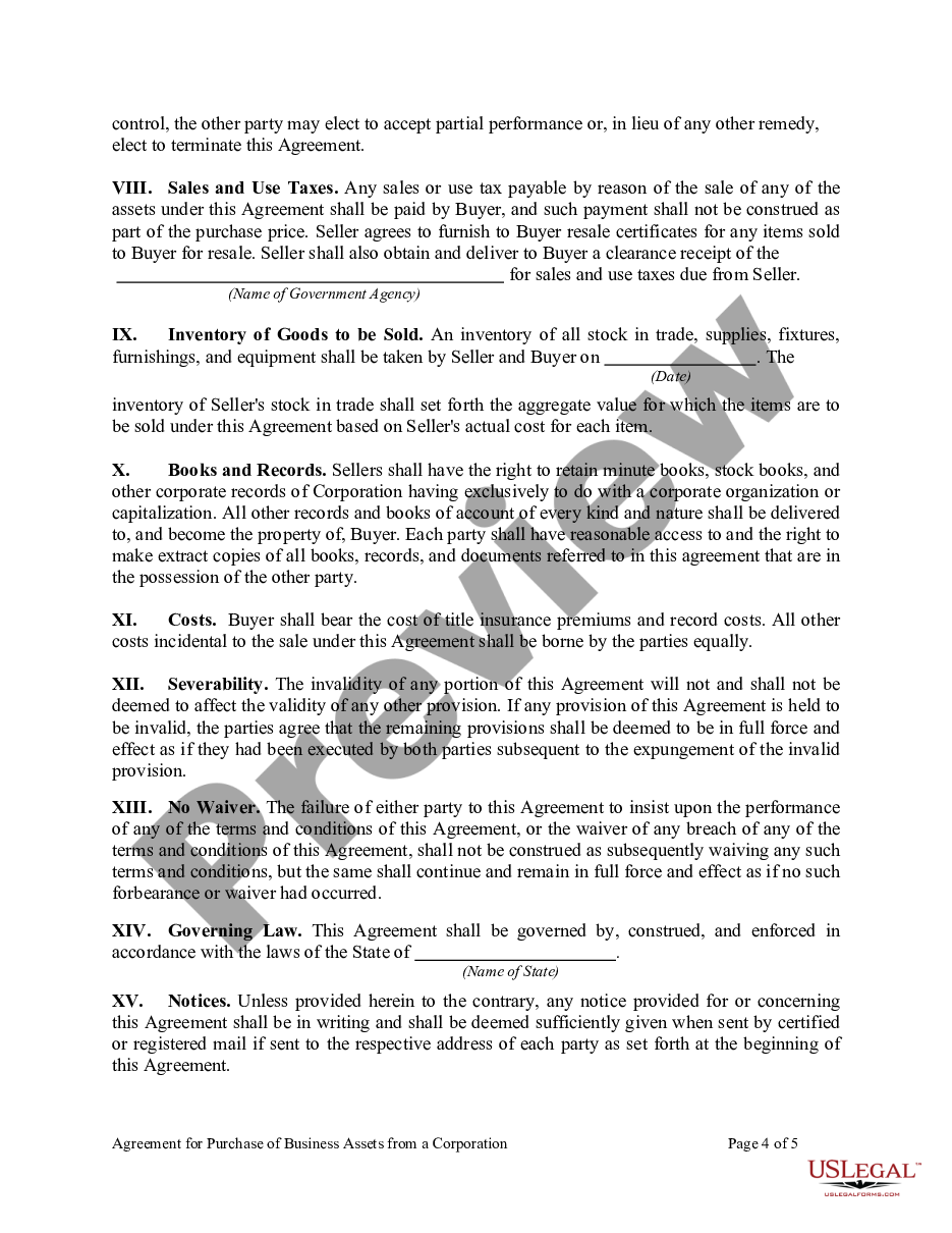 page 3 Agreement for Purchase of Business Assets from a Corporation preview