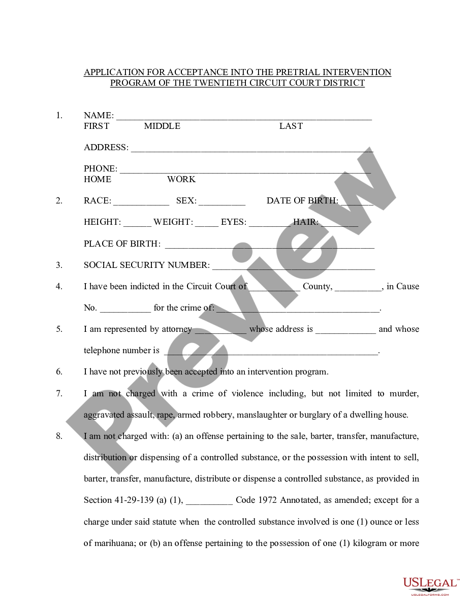 page 0 Application for Acceptance into the Pretrial Intervention Program of the Twentieth Circuit Court District preview