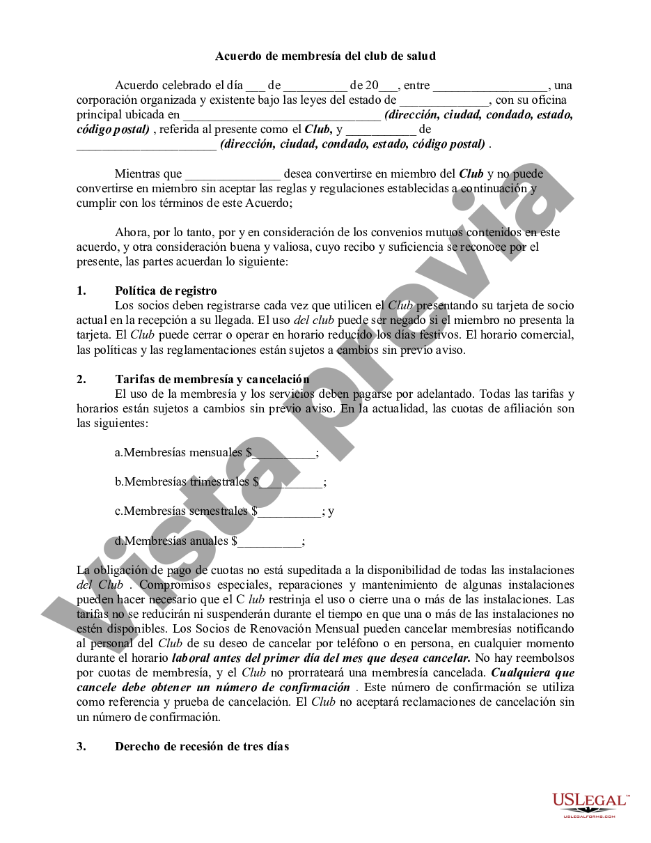 Clark Nevada Acuerdo de membresía de club de salud o gimnasio | US Legal  Forms