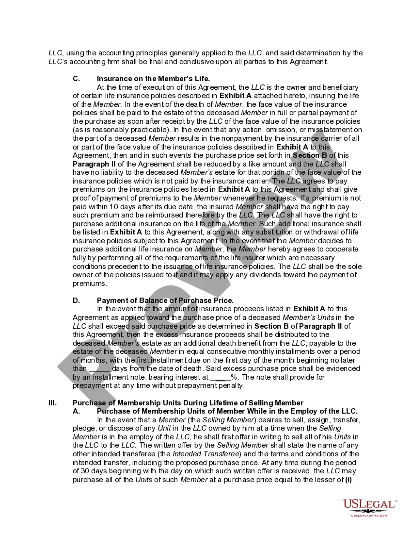 Preview Buy Sell or Stock Purchase Agreement Covering Membership Units in a Limited Liability Company (LLC) with an Option to Fund the Purchase through Life Insurance
